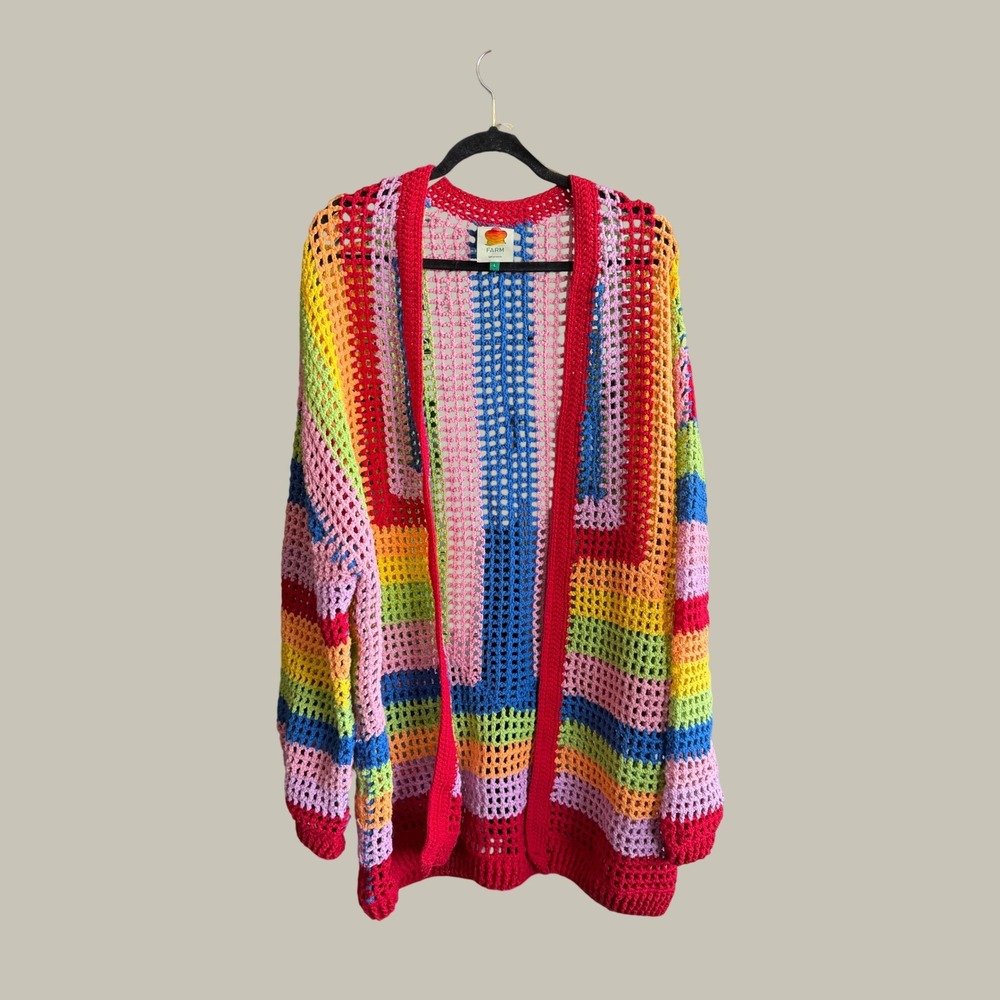 Farm Rio Rainbow Crochet Open Knit Cardigan Sweater Multi Color Geometric Large
